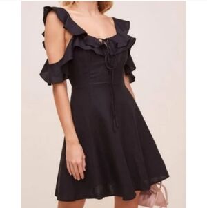 ASTR Astr Emi Black Ruffle Sleeves Linen Fit Flare Mini Dress Medium